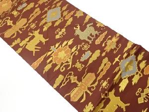 雲に抽象鹿・花葉模様織出し全通袋帯